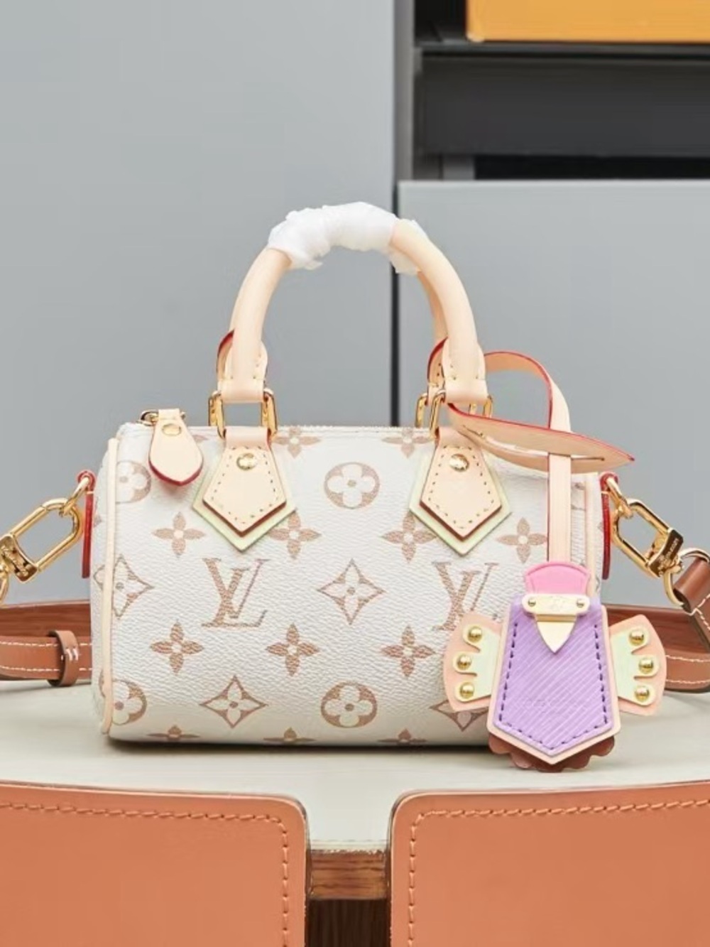 Louis Vuttion White Monogram Mini Speedy with Pink Lavender Charm